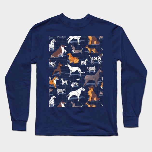 Origami doggie friends II // pattern // navy blue linen texture background paper dogs Long Sleeve T-Shirt by SelmaCardoso